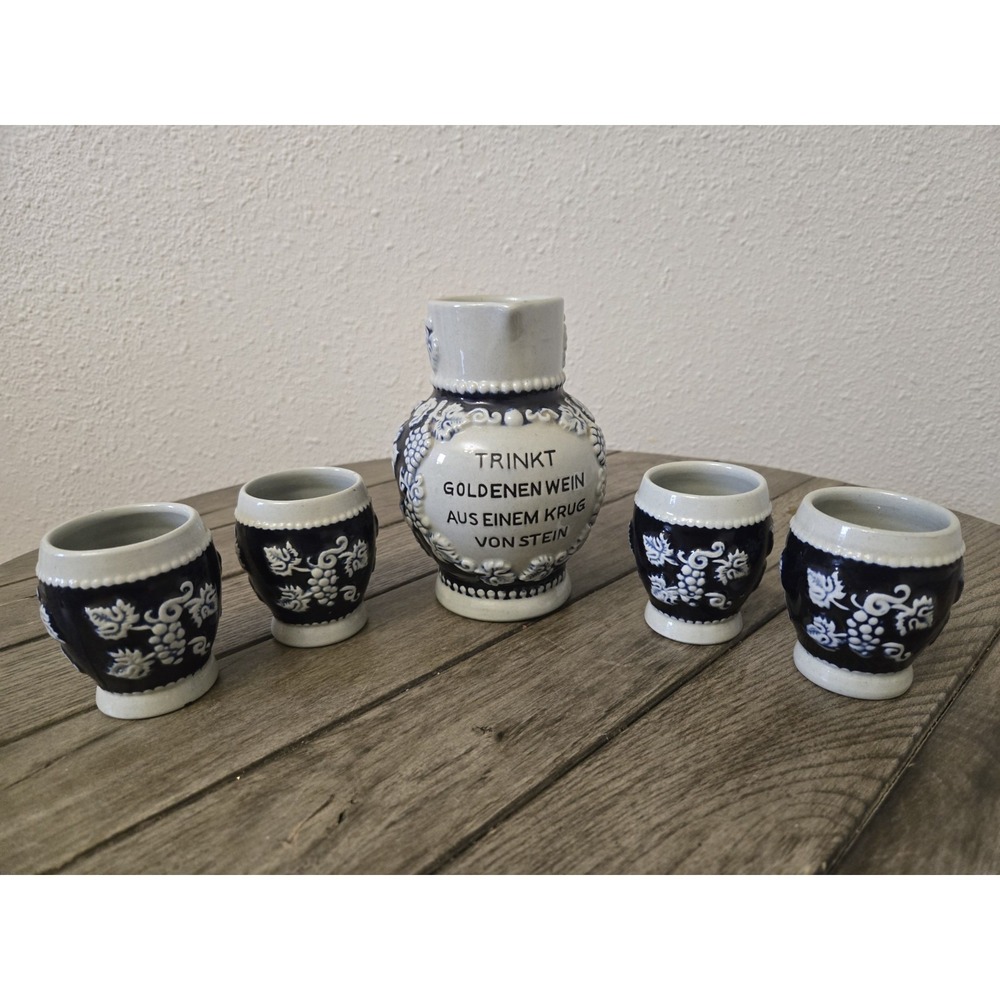 Westerwald German Salt Glazed Stoneware 6" Wine Jug/Pitcher & 4 Cups Barware Pub